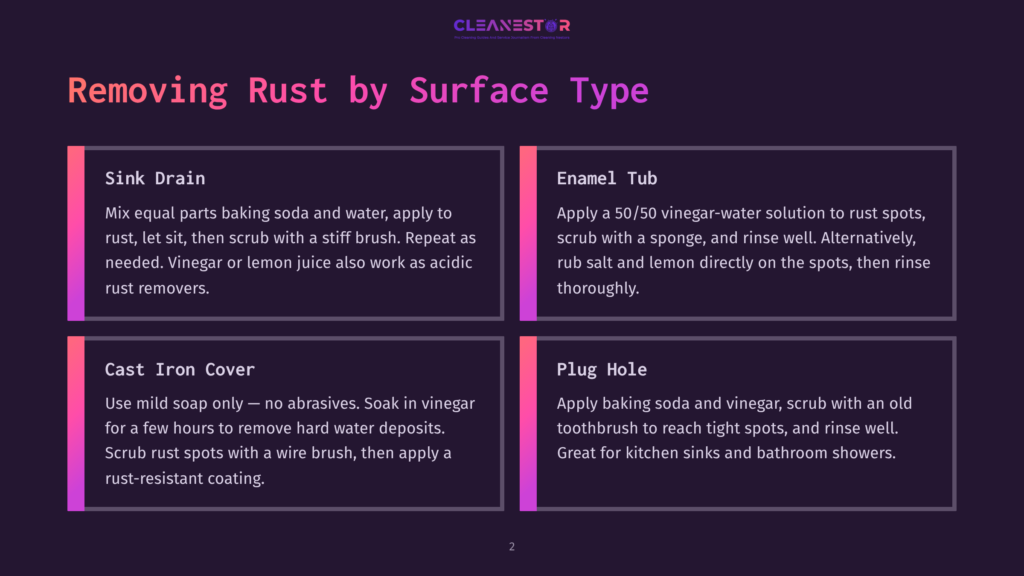 A Dark Purple Slide Titled &Quot;Removing Rust By Surface Type&Quot; With Four Sections: Sink Drain, Enamel Tub, Cast Iron Cover, And Plug Hole, Each With Instructions For Rust Removal.