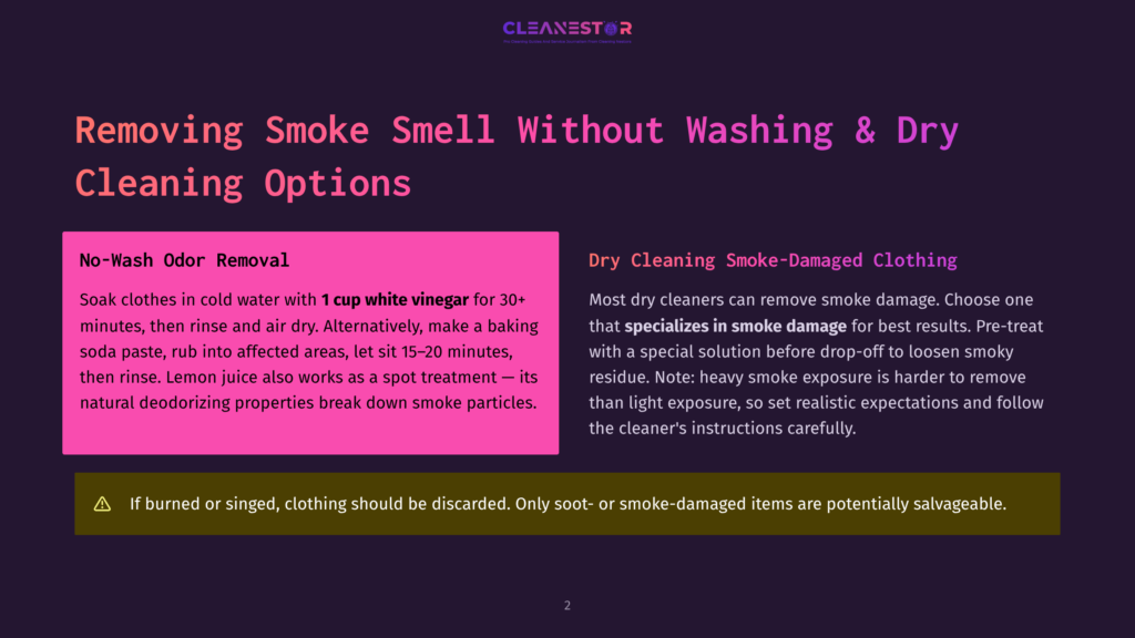 A Purple And Pink Graphic Titled &Quot;Removing Smoke Smell Without Washing &Amp; Dry Cleaning Options&Quot; With Text Detailing Odor Removal Methods For Clothes, Including Soaking In Vinegar And Dry Cleaning For Smoke Damage.