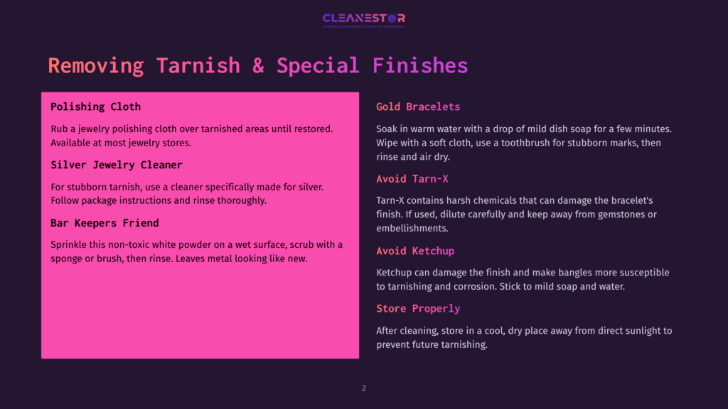 An Instructional Infographic Titled &Quot;Removing Tarnish &Amp; Special Finishes&Quot; Displays Maintenance Tips For Gold, Silver, And Bar Keepers Friend. The Graphic Is On A Purple Background.
