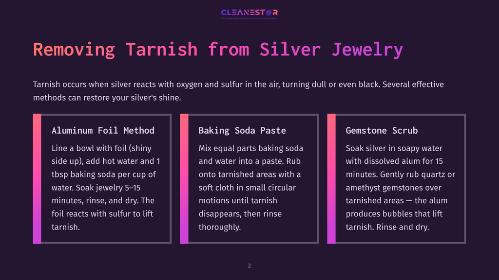 Three Distinct Methods For Removing Tarnish From Silver Jewelry Are Presented: Aluminum Foil Method, Baking Soda Paste, And Gemstone Scrub. Each Section Features A Title And A Brief Description Of The Cleaning Process.