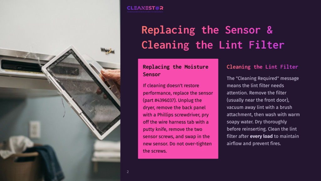 Close-Up Of A Hand Holding A Dusty Dryer Lint Filter, With Text Overlay &Quot;Replacing The Sensor &Amp; Cleaning The Lint Filter&Quot; And &Quot;Cleaning The Lint Filter&Quot; Instructions.