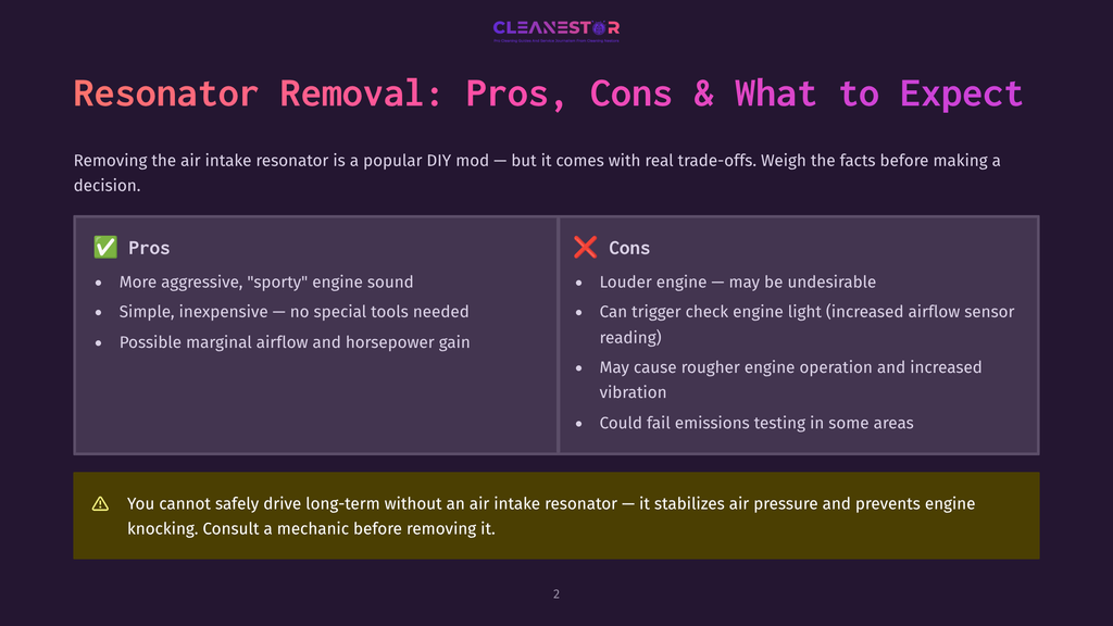 Infographic Comparing Pros And Cons Of Resonator Removal For Cars. Pros Include &Quot;Sporty&Quot; Engine Sound And Simple Diy. Cons Include Rougher Engine Operation And Potential Check Engine Light. Text Warns Against Long-Term Removal.