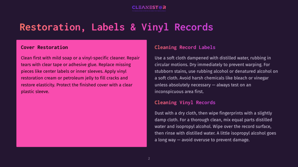 The Screen Displays Information About Restoring, Labeling, And Cleaning Vinyl Records. It Includes Sections On &Quot;Cover Restoration&Quot; And &Quot;Cleaning Record Labels&Quot; With Detailed Instructions.