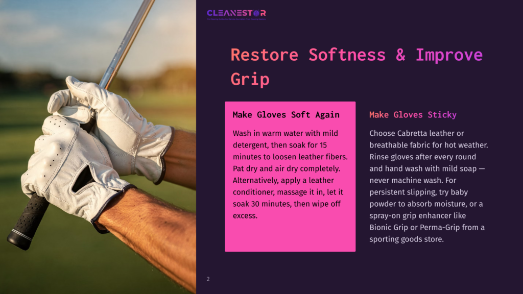 Close-Up Of A Golfer'S Gloved Hands Gripping A Club, With Text Overlay Offering Tips On Restoring Softness And Stickiness To Golf Gloves.