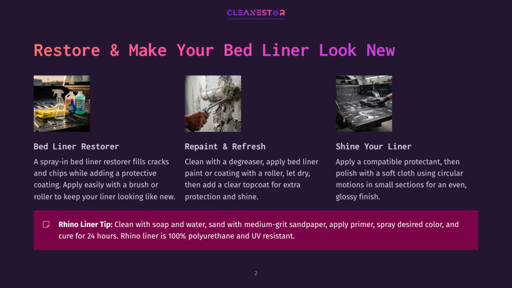 2 Restore And Make Your Bed Liner Look New Three Panels Show Steps To Restore A Truck Bed Liner: Applying A Spray-On Restorer, Repainting With A Roller, And Shining With A Soft Cloth. Text Highlights &Quot;Bed Liner Restorer,&Quot; &Quot;Repaint &Amp; Refresh,&Quot; And &Quot;Shine Your Liner.