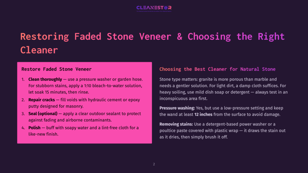 Restoring Faded Stone Veneer: A Guide To Cleaning And Choosing The Right Cleaner, With Steps For Cleaning, Crack Repair, Sealing, And Polishing.