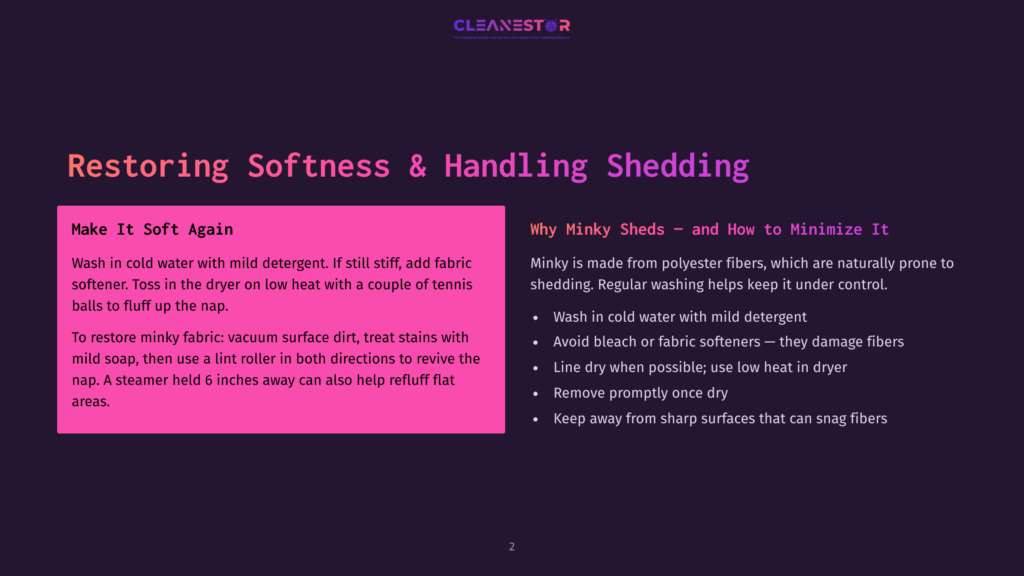 A Dark Purple Slide With The Title &Quot;Restoring Softness &Amp; Handling Shedding&Quot; In Large White And Pink Text. The Slide Features Two Columns Of Text: &Quot;Make It Soft Again&Quot; And &Quot;Why Minky Sheds – And How To Minimize It.