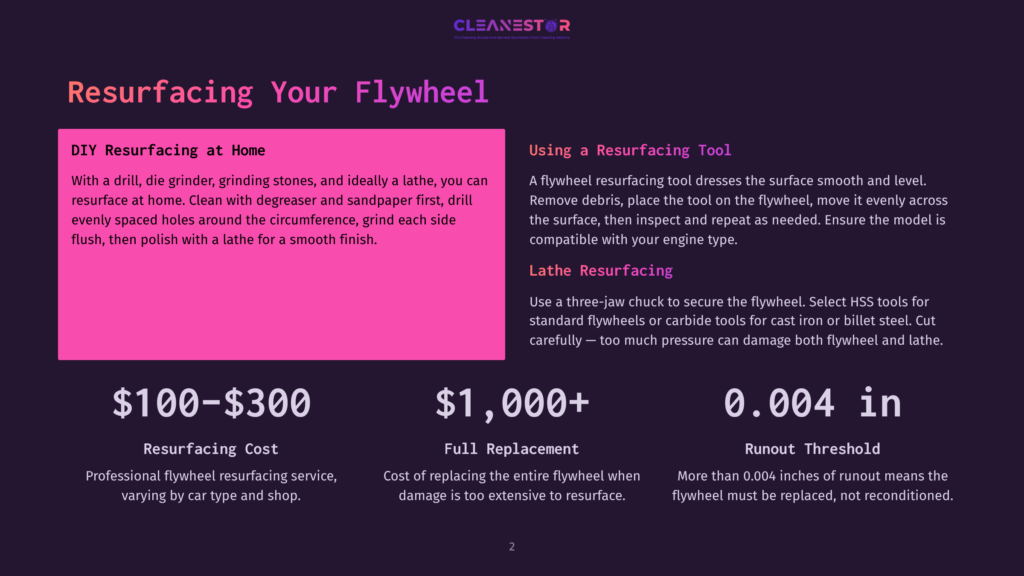 Cleanestor Logo Above Text &Quot;Resurfacing Your Flywheel&Quot; With Details On Diy Resurfacing At Home And Professional Lathe Resurfacing, Alongside Cost And Runout Threshold Information.