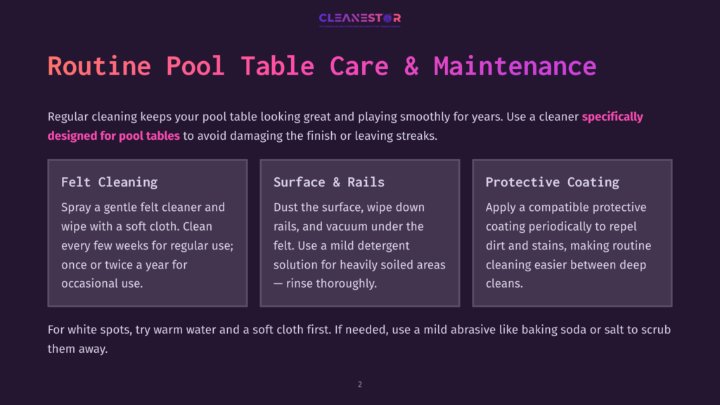 Cleanestor Logo With Text &Quot;Routine Pool Table Care &Amp; Maintenance.&Quot; Three Sections Detail Felt Cleaning, Surface &Amp; Rails Care, And Protective Coating.