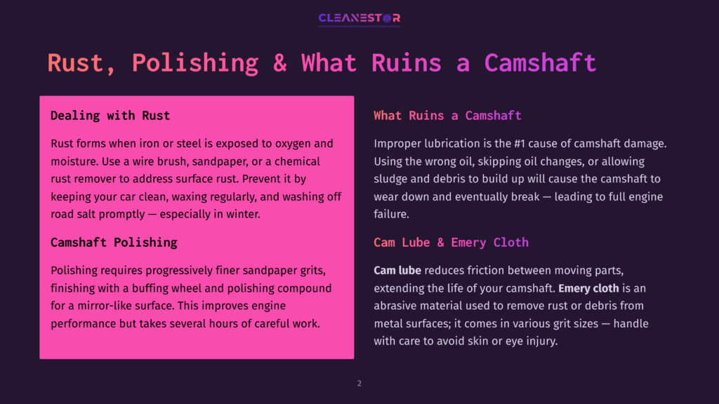 Slide With Text About Rust, Polishing, And What Ruins A Camshaft. Includes Sections On &Quot;Dealing With Rust,&Quot; &Quot;Camshaft Polishing,&Quot; And &Quot;What Ruins A Camshaft,&Quot; With Details On Rust Removal And Camshaft Damage.
