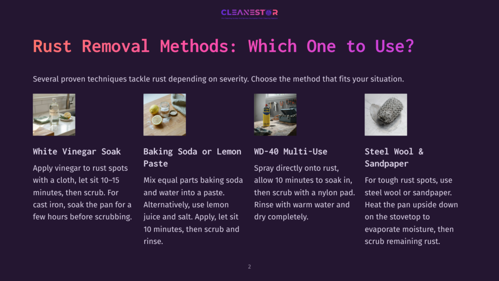 Five Distinct Rust Removal Methods Are Illustrated: White Vinegar Soak, Baking Soda Paste, Wd-40 Multi-Use, And Steel Wool &Amp; Sandpaper, Each With A Descriptive Image And Text.
