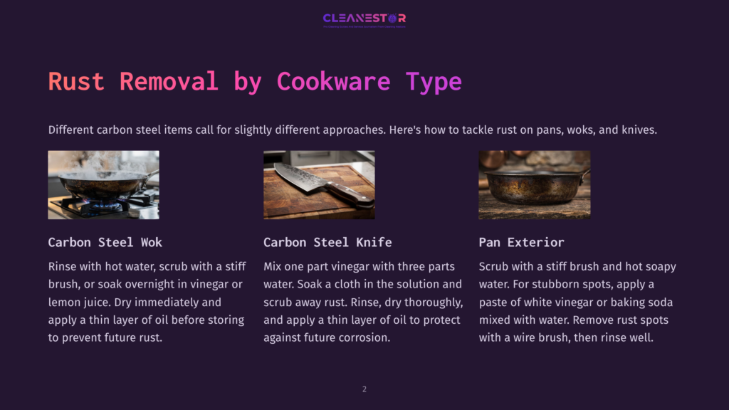 Three Images Showing Rust Removal Methods For Cookware: A Carbon Steel Wok On A Stove, A Carbon Steel Knife, And A Rusty Pan Exterior.