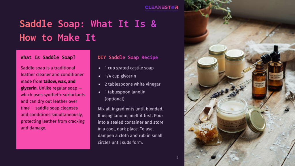 2 Saddle Soap What It Is And How To Make It A Rustic Wooden Table Displays Ingredients For Diy Saddle Soap: Grated Castile Soap, Glycerin, White Vinegar, Lanolin, Essential Oils, And A Jar Of Honey. The Text &Quot;Cleanestor&Quot; Is Visible.