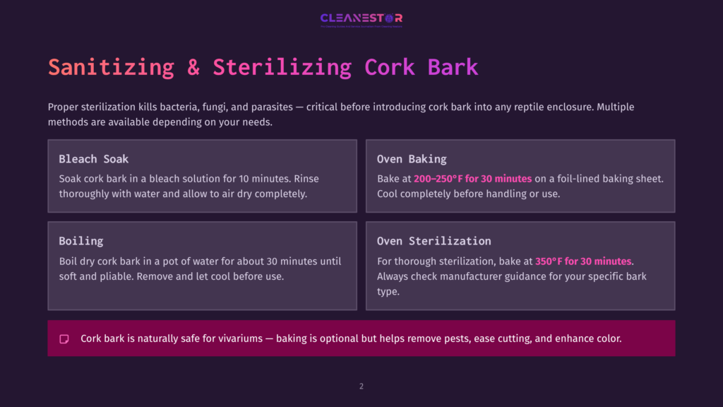 Diagram Outlining Methods For Sanitizing Cork Bark For Reptile Enclosures: Bleach Soak, Oven Baking, Boiling, And Oven Sterilization. Includes Text About Cork Bark Safety For Vivariums.