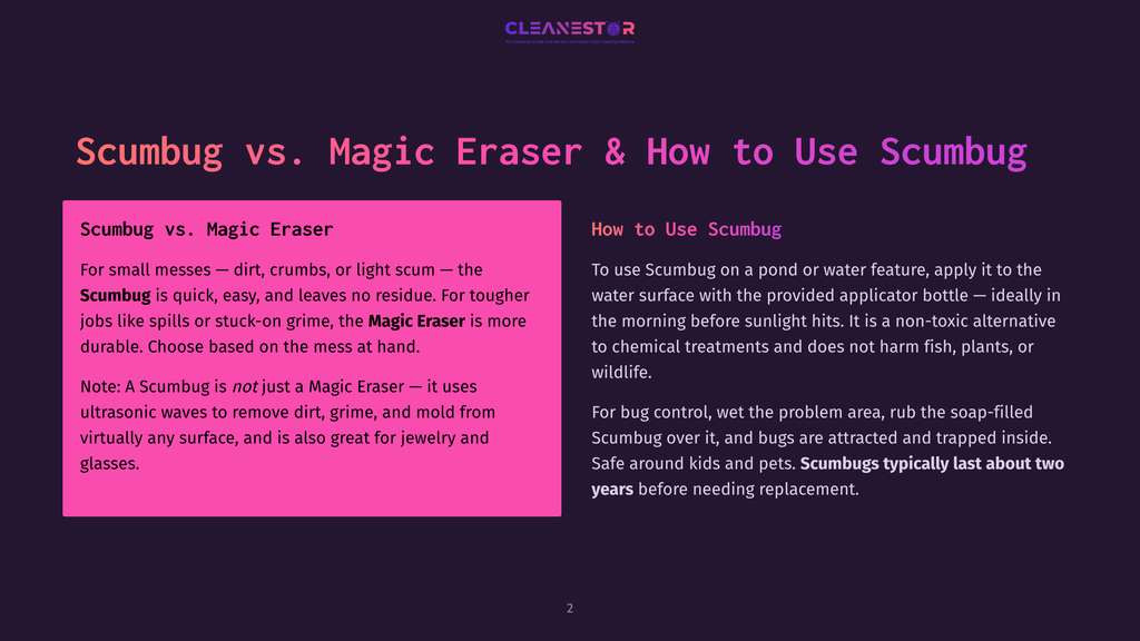 Scumbug Vs. Magic Eraser Comparison Slide With Text Detailing Scumbug'S Effectiveness On Dirt, Grime, And Sticky Messes, And Magic Eraser'S Use For Ultrasonic Cleaning.