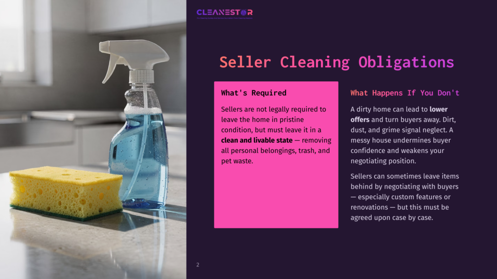 A Blue Spray Bottle And A Yellow Sponge Sit On A Kitchen Counter, With Text Overlay About Seller Cleaning Obligations And What Happens If You Don'T Clean.