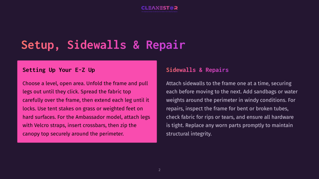 2 Setup Sidewalls And Repair Setup, Sidewalls &Amp; Repair: Instructions For Setting Up An E-Z Up Canopy, Including Unfolding Legs, Spreading Fabric, And Securing The Canopy With Stakes And Sandbags. The Text Also Covers Sidewall And Repair Instructions.
