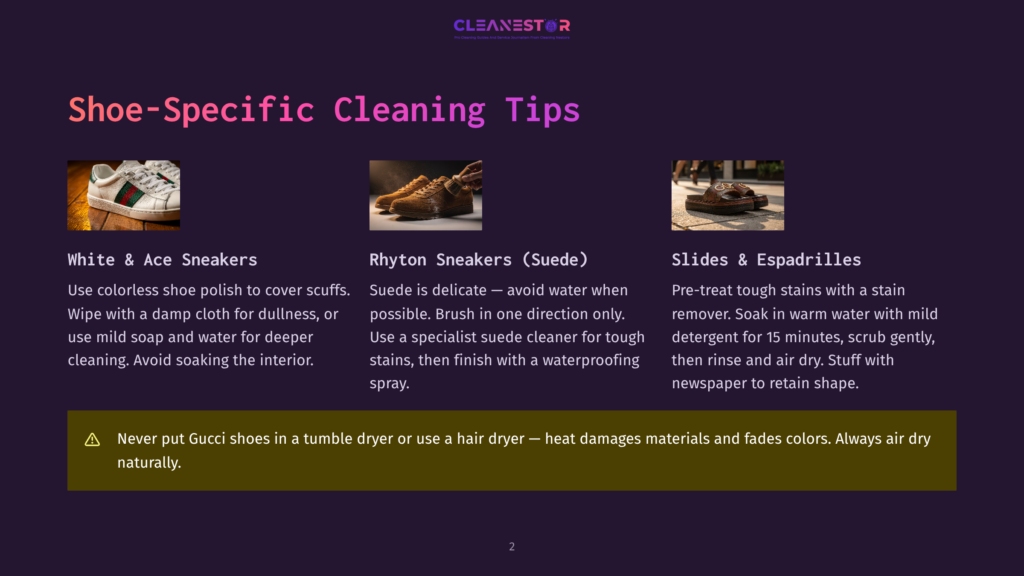 Shoe-Specific Cleaning Tips: White &Amp; Ace Sneakers, Rhyton Sneakers (Suede), And Slides &Amp; Espadrilles. Includes A Warning About Not Using A Tumble Dryer On Gucci Shoes.