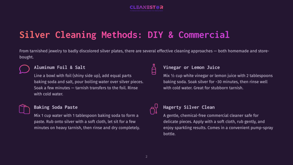 2 Silver Cleaning Methods Diy And Commercial Infographic Titled &Quot;Silver Cleaning Methods: Diy &Amp; Commercial&Quot; Detailing Aluminum Foil &Amp; Salt, Baking Soda Paste, Vinegar Or Lemon Juice, And Hagerty Silver Clean Methods For Tarnished Silver.