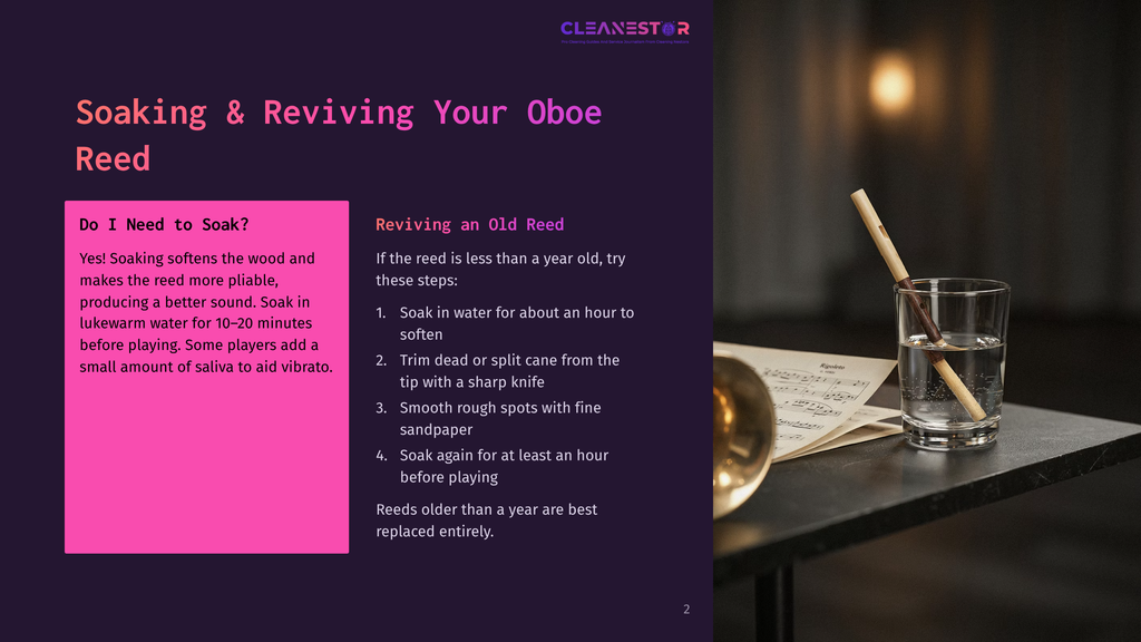A Close-Up Of An Oboe Reed Soaking In A Glass Of Water, With Sheet Music And A Brass Instrument Bell Visible In The Background. Text On The Left Discusses Soaking And Reviving Oboe Reeds.