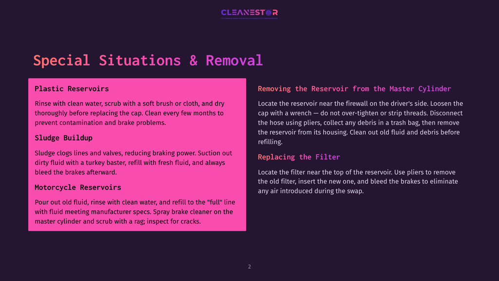 A Dark Purple Background With The Text &Quot;Special Situations &Amp; Removal&Quot; In Large White Lettering. Below This, Two Columns Detail Procedures For &Quot;Plastic Reservoirs,&Quot; &Quot;Sludge Buildup,&Quot; And &Quot;Motorcycle Reservoirs&Quot; On The Left, And &Quot;Removing The Reservoir From The Master Cylinder&Quot; And &Quot;Replacing The Filter&Quot; On The Right, All In White Text.