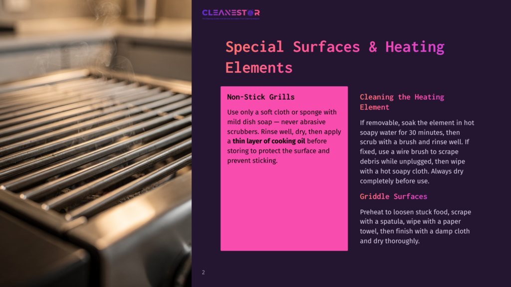 Close-Up Of A Steamy Metal Grill With A Cleanestor Logo And Text About Cleaning Special Surfaces And Heating Elements.