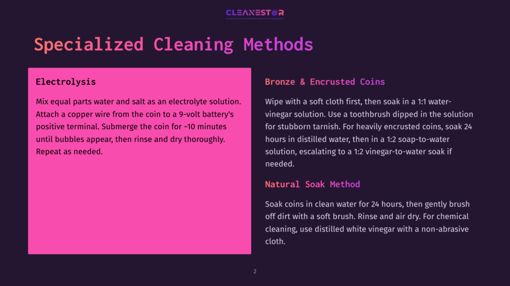 2 Specialized Cleaning Methods 1 Title Slide For A Presentation On Specialized Cleaning Methods, Featuring &Quot;Cleanestor&Quot; Logo And Sections On Electrolysis And Bronze &Amp; Encrusted Coins With Detailed Cleaning Instructions.