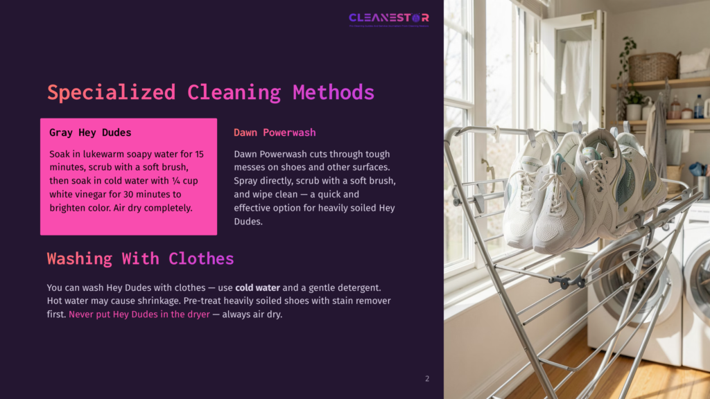 Sneakers Drying On A Clothes Rack Next To A Washing Machine, With A Text Overlay About Specialized Cleaning Methods For Shoes And Clothes.