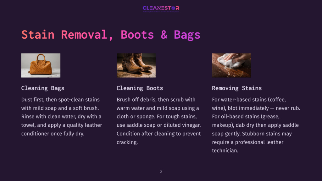 Three Images Showcasing Cleaning Tips: A Textured Tan Leather Handbag, A Pair Of Distressed Brown Leather Boots, And A Hand Gently Cleaning A Leather Surface With A White Cloth. Text Overlays Detail Cleaning Procedures For Bags, Boots, And Stain Removal.