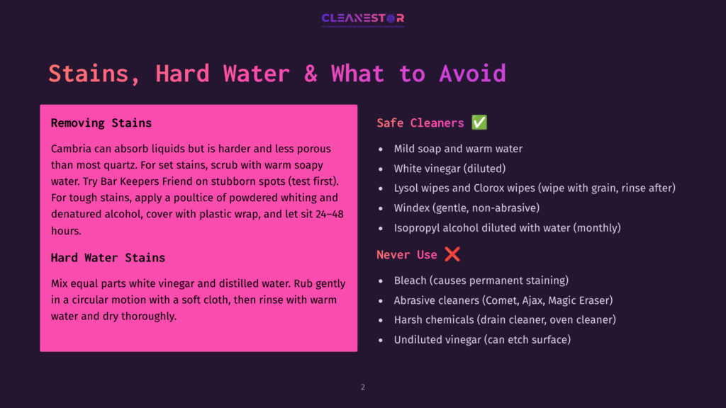 Stains, Hard Water &Amp; What To Avoid: Safe Cleaners Vs. Never Use List On A Dark Purple Background With A Pink Rectangle Detailing Cleaning Tips.
