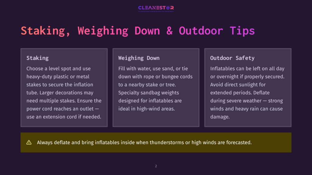 2 Staking Weighing Down And Outdoor Tips Infographic With Tips For Staking, Weighing Down, And Outdoor Safety For Inflatables, Featuring Text And Icons. Includes &Quot;Cleanestor&Quot; Logo And Advice On Avoiding Wind Damage.