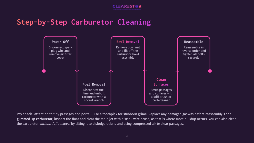 Step-By-Step Guide To Cleaning A Carburetor, Detailing Power Off, Fuel Removal, Bowl Removal, Clean Surfaces, And Reassembly. Includes Tips For Cleaning A Gummed-Up Carburetor.