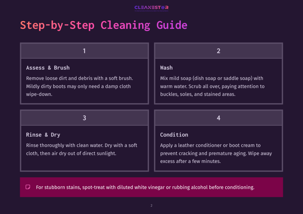Step-By-Step Boot Cleaning Guide With Four Steps: Assess &Amp; Brush, Wash, Rinse &Amp; Dry, And Condition. Includes A Tip For Stubborn Stains.