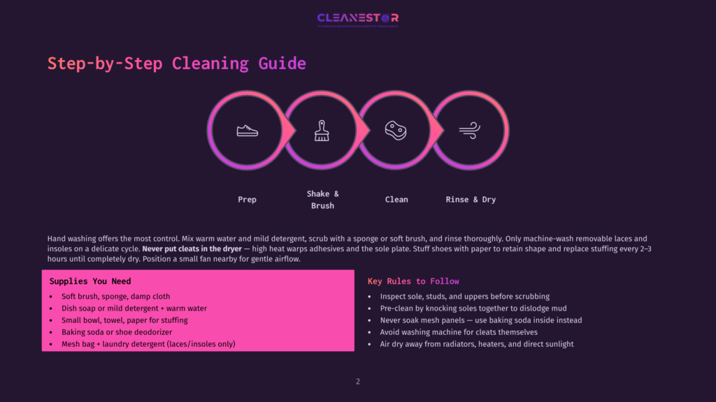 2 Step By Step Cleaning Guide 15 Step-By-Step Guide To Cleaning Shoes, Featuring A Graphic With Four Circular Icons Representing Prep, Shake &Amp; Brush, Clean, And Rinse &Amp; Dry, Along With Accompanying Text.