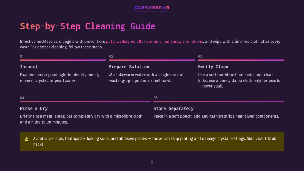 Step-By-Step Jewelry Cleaning Guide With Purple And Pink Gradient Accents. Includes Steps For Inspecting, Preparing, Cleaning, Rinsing, And Storing Jewelry To Prevent Damage.