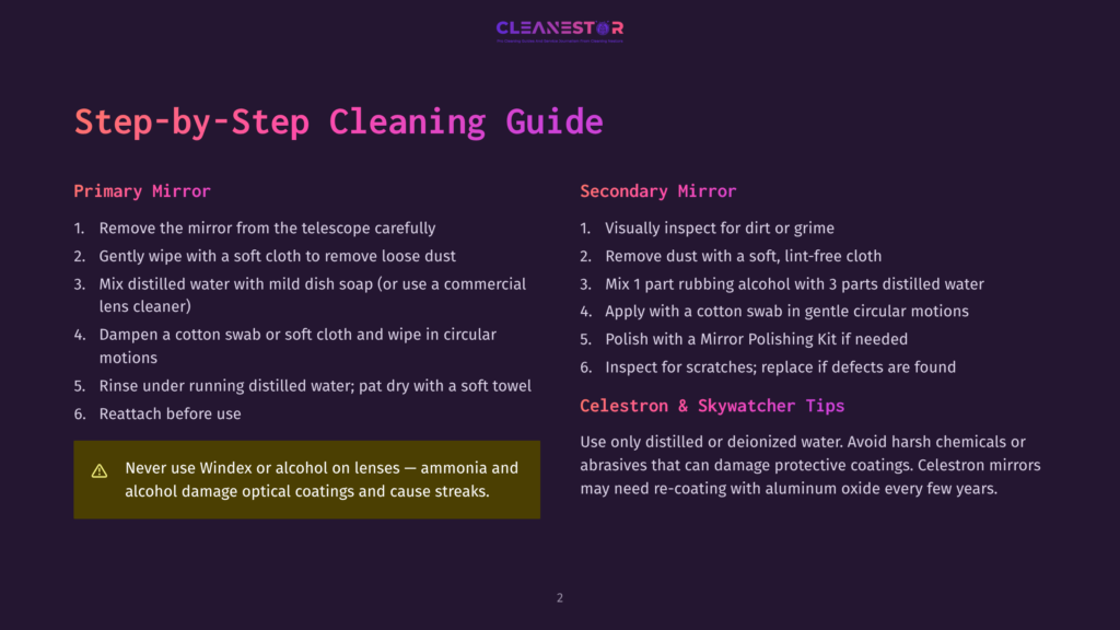 2 Step By Step Cleaning Guide 22 Step-By-Step Cleaning Guide For Telescope Mirrors, Detailing Primary And Secondary Mirror Cleaning Instructions With Text And A Warning About Harsh Chemicals.