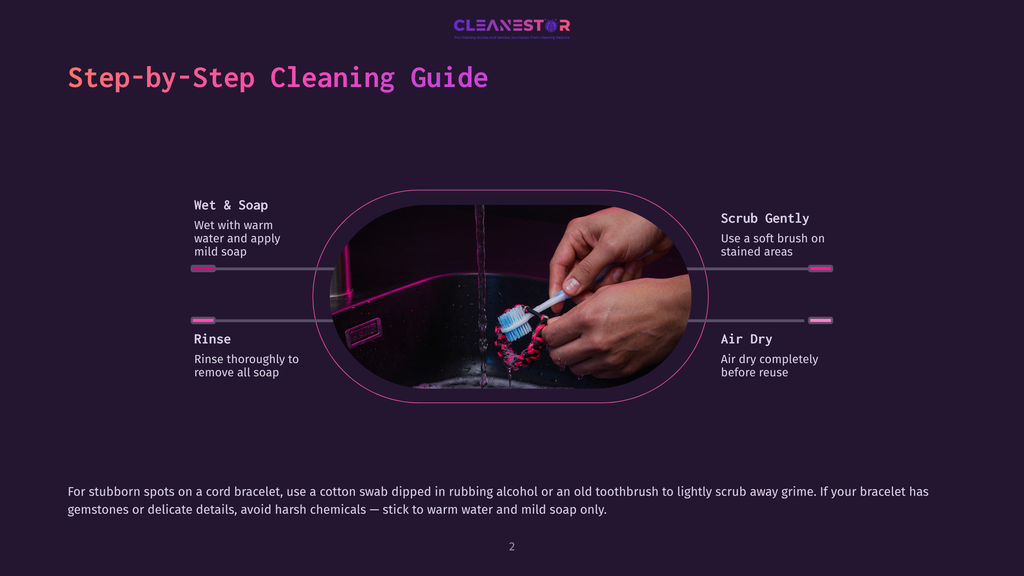 Step-By-Step Guide To Cleaning A Bracelet: Hands Rinsing A Beaded Bracelet Under Warm Running Water In A Sink, With Text Detailing Wet &Amp; Soap, Rinse, Scrub Gently, And Air Dry Steps.