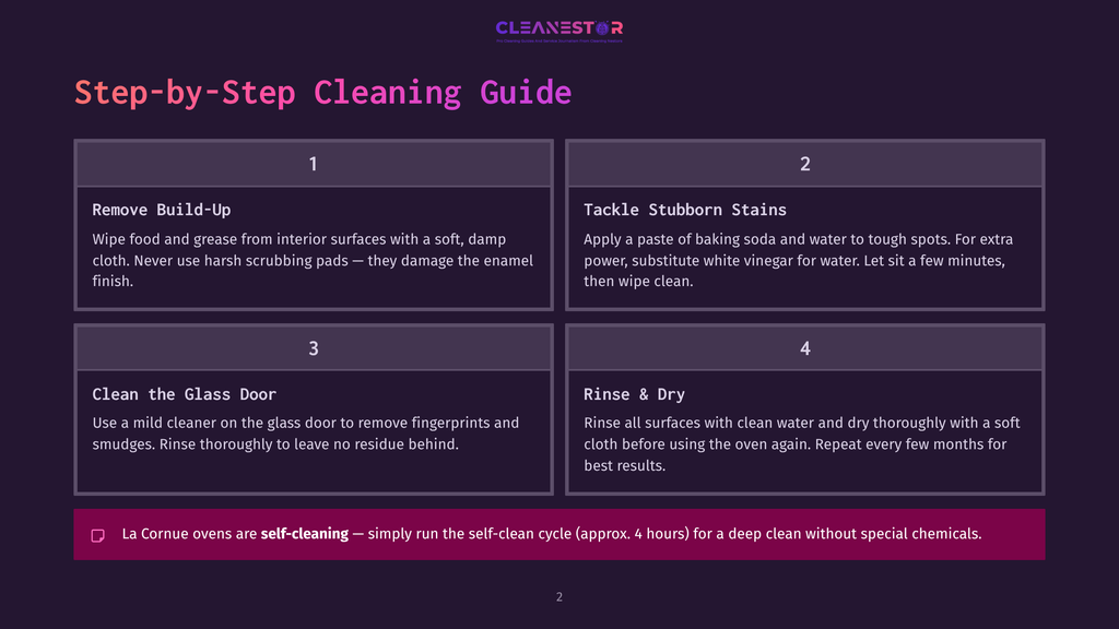 2 Step By Step Cleaning Guide 31 Step-By-Step Cleaning Guide For Ovens: Remove Build-Up, Tackle Stubborn Stains With Baking Soda And Vinegar, Clean The Glass Door, And Rinse And Dry. La Cornue Ovens Have A Self-Cleaning Cycle.