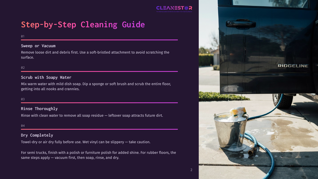 2 Step By Step Cleaning Guide 37 Step-By-Step Cleaning Guide For Vehicles. Includes Steps For Sweeping, Scrubbing With Soap, Rinsing, And Drying.
