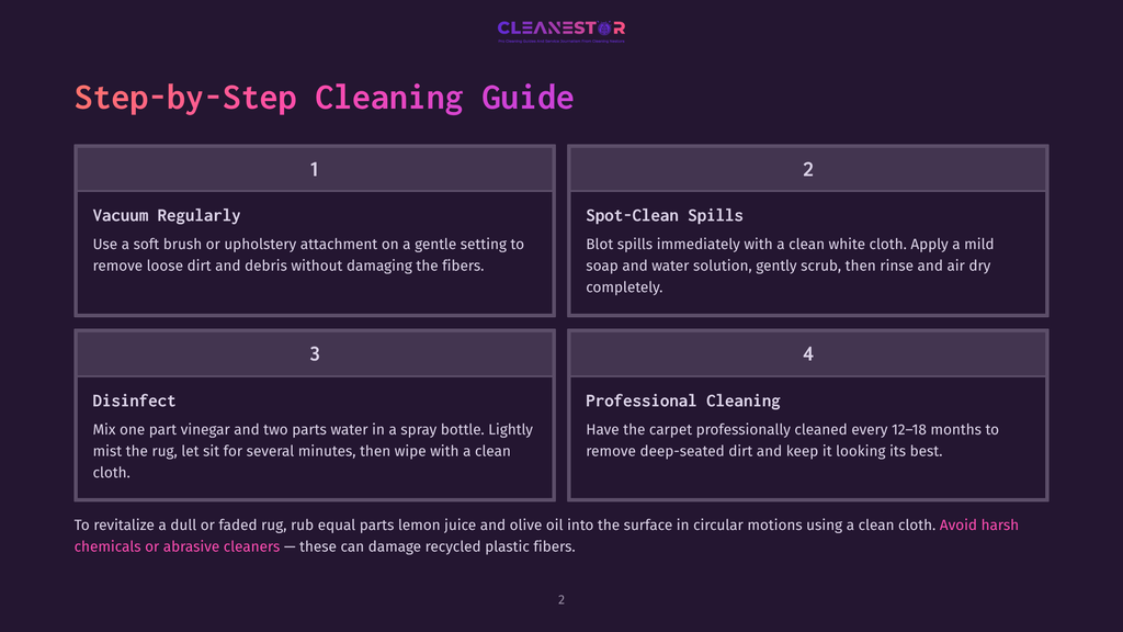 Step-By-Step Rug Cleaning Guide With Four Sections: Vacuum Regularly, Spot-Clean Spills, Disinfect, And Professional Cleaning. The Guide Is On A Dark Purple Background.