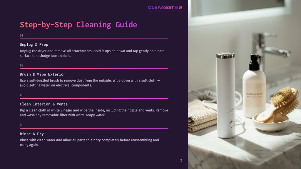 Step-By-Step Cleaning Guide For A Hair Dryer On A Marble Countertop With Cleaning Supplies. The Guide Includes Steps For Unplugging, Brushing The Exterior, Cleaning Interior Vents, And Rinsing.