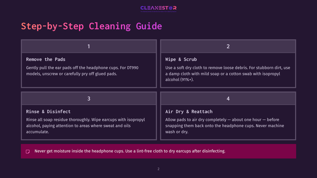 Step-By-Step Cleaning Guide For Headphones: 1. Remove Pads. 2. Wipe &Amp; Scrub. 3. Rinse &Amp; Disinfect. 4. Air Dry &Amp; Reattach. Never Get Moisture Inside Headphone Cups.