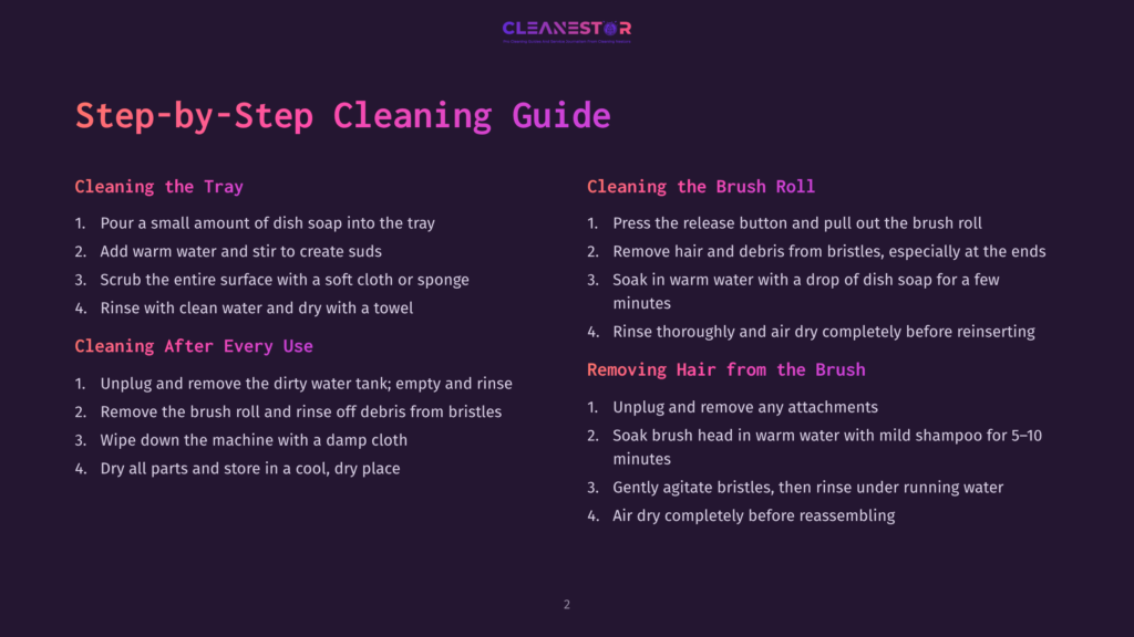 2 Step By Step Cleaning Guide 7 Step-By-Step Cleaning Guide For A Tray And Brush Roll, Detailing Procedures For Cleaning And Reassembling.