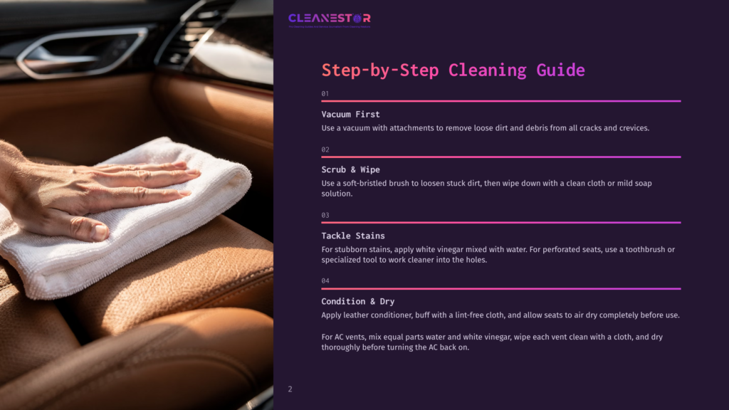 Close-Up Of A Hand Gently Wiping A Tan Leather Car Seat With A White Microfiber Cloth, Showcasing A Detailed Car Interior Cleaning Process.