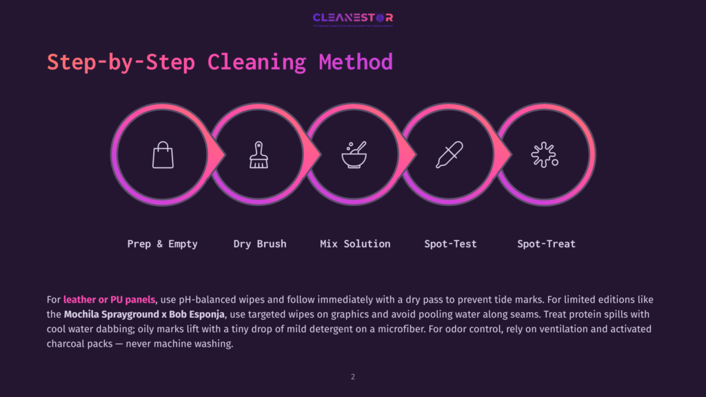 Step-By-Step Cleaning Method Infographic With Icons For Prep, Dry Brush, Mix Solution, Spot-Test, And Spot-Treat. Text Below Details Cleaning For Leather, Pu Panels, And Special Edition Mochilas.