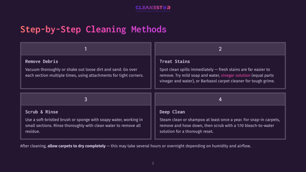 Step-By-Step Carpet Cleaning Guide: 1. Remove Debris By Vacuuming. 2. Treat Stains With Vinegar Solution. 3. Scrub &Amp; Rinse With Soapy Water. 4. Deep Clean With Bleach-To-Water Solution.