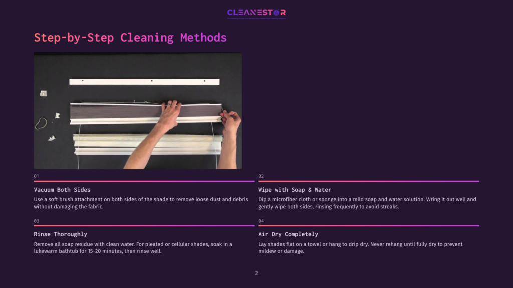 Step-By-Step Cleaning Methods For Blinds: A Person'S Hands Hold Up Blinds For Vacuuming, Then Dip Them Into A Cleaning Solution, And Finally Lay Them Flat To Dry.