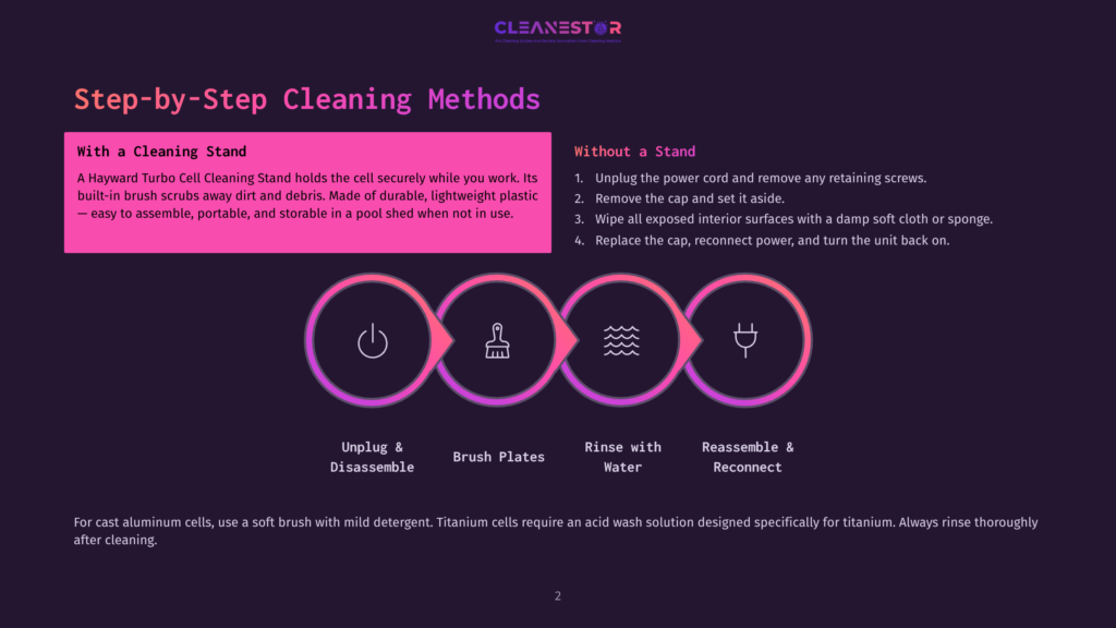 Step-By-Step Cleaning Methods For Hayward Turbo Cell, With Icons For Unplugging, Brush Cleaning, Rinsing, And Reassembly. Text Details Cleaning Stand Use And Without Stand Procedures.