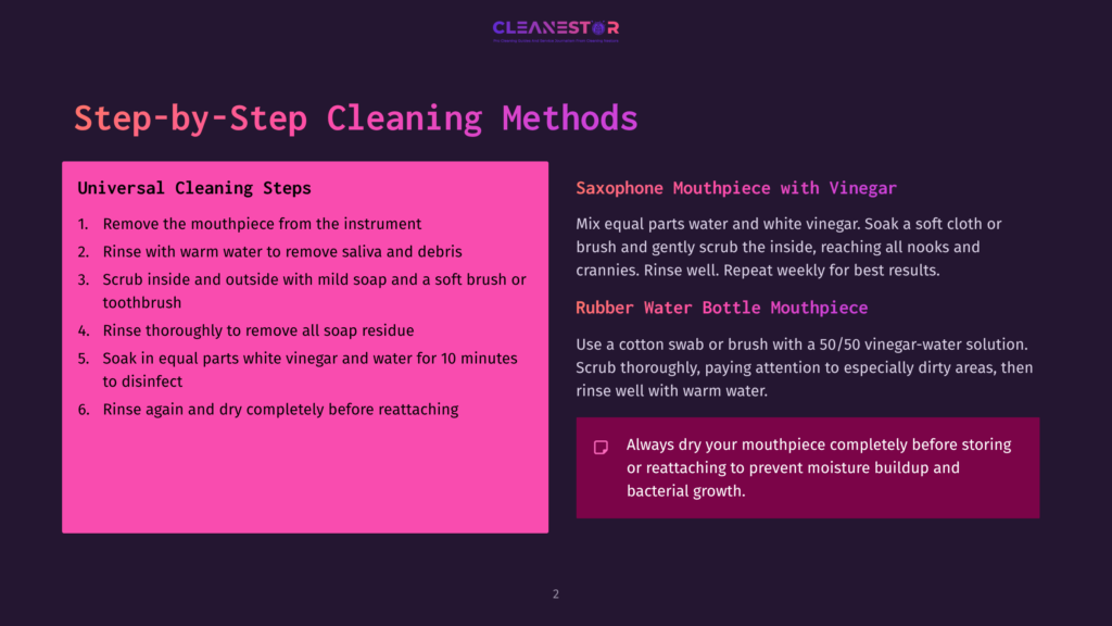 2 Step By Step Cleaning Methods 3 Image With Text Detailing Universal Cleaning Steps For Saxophones And Rubber Water Bottle Mouthpieces, Including Step-By-Step Instructions And Cleaning Solutions Like Vinegar.