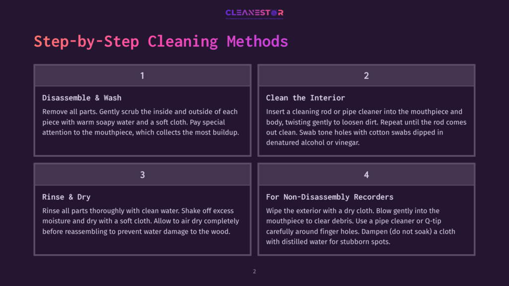 Step-By-Step Cleaning Methods For Recorders: Disassemble &Amp; Wash, Clean The Interior, Rinse &Amp; Dry, And For Non-Disassembly Recorders.